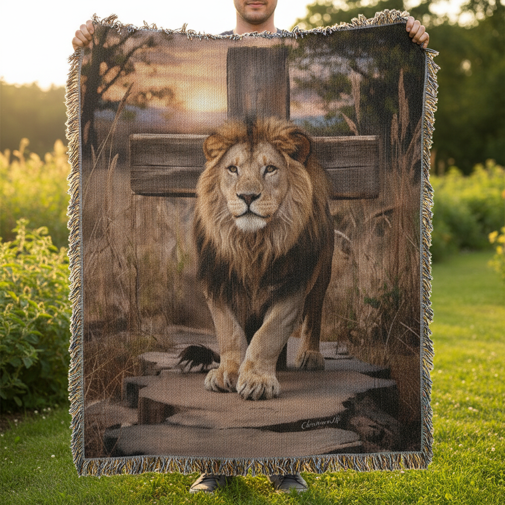 Person holding a blanket with a lion design outdoors