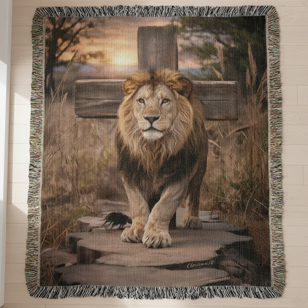 Blanket with a lion design on a wooden surface