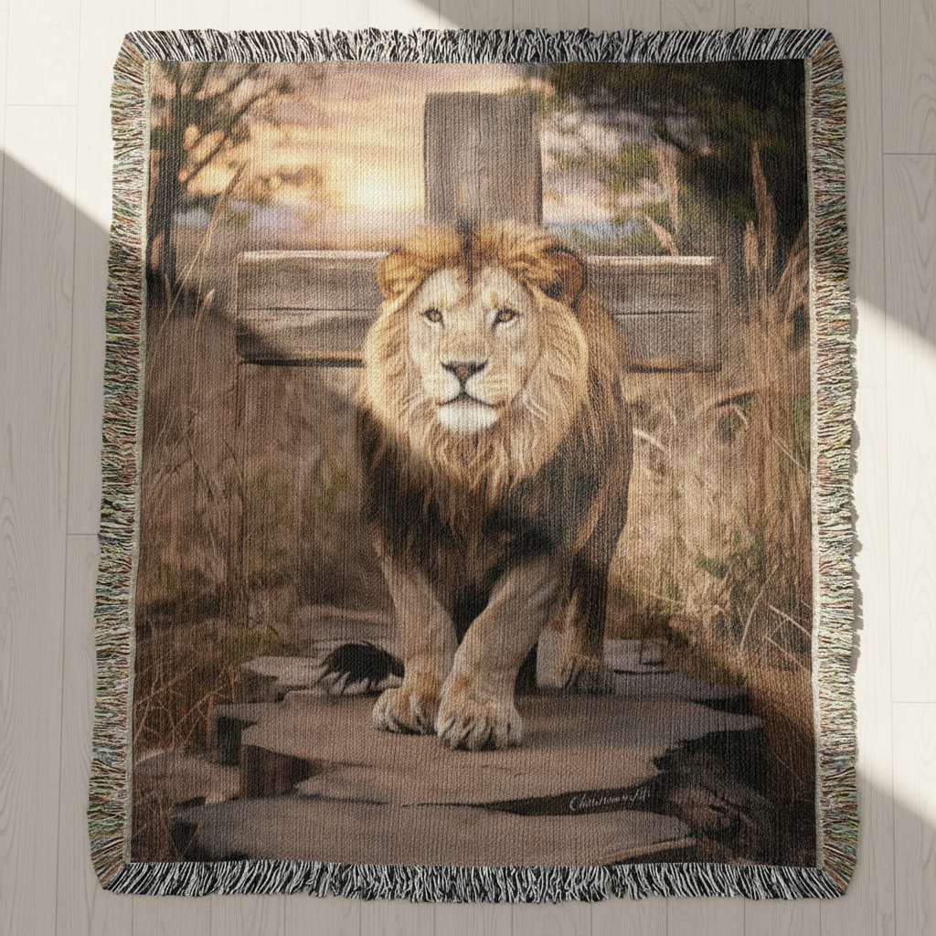 Blanket with a lion design on a wooden surface