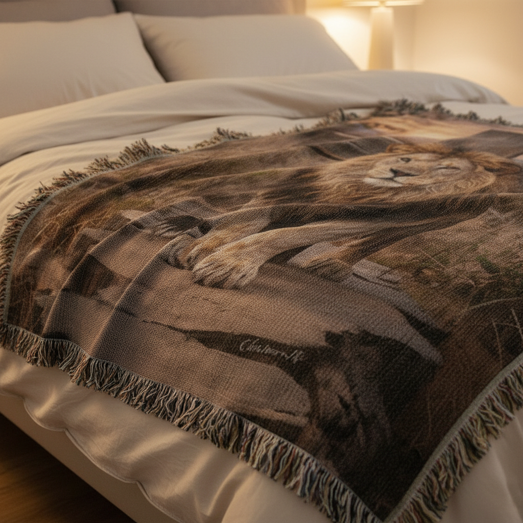 Lion-themed blanket draped over a bed in a bedroom setting
