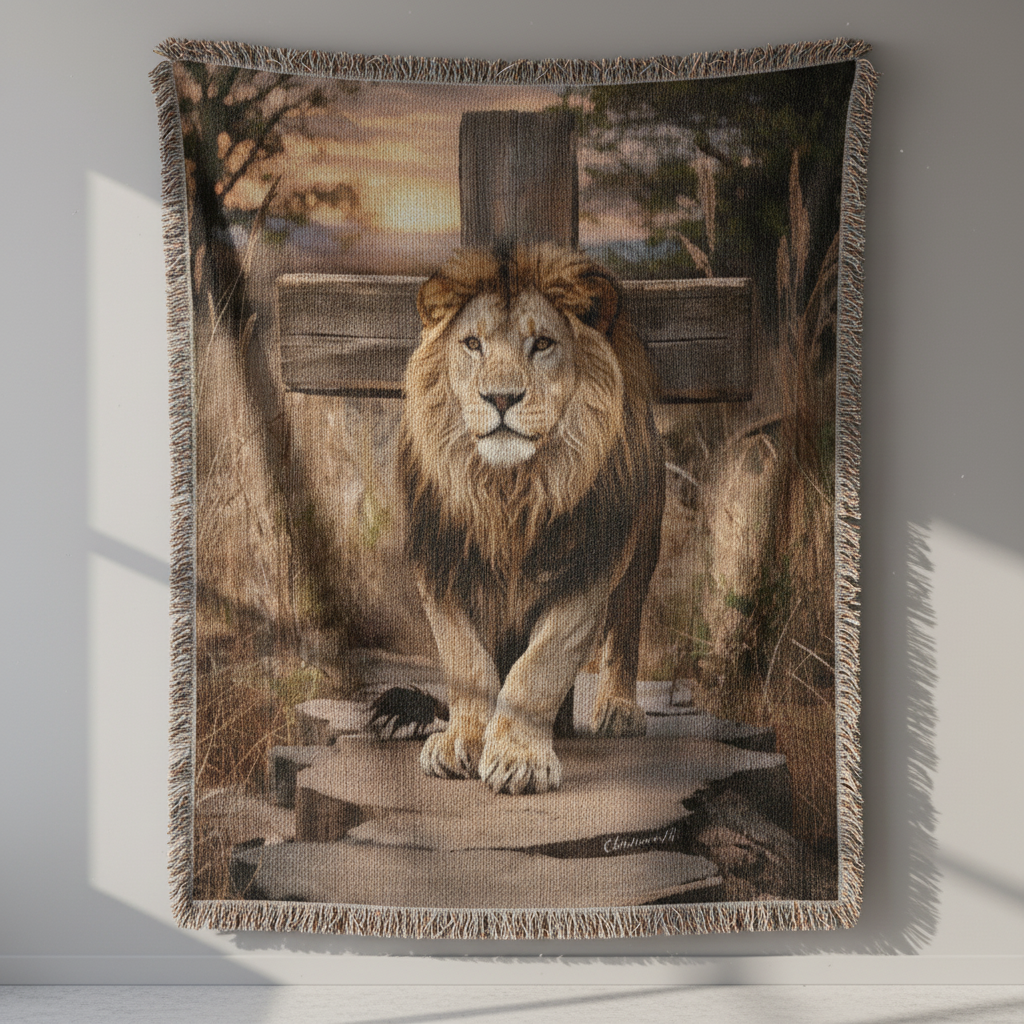 Woven blanket with a lion design on a plain background