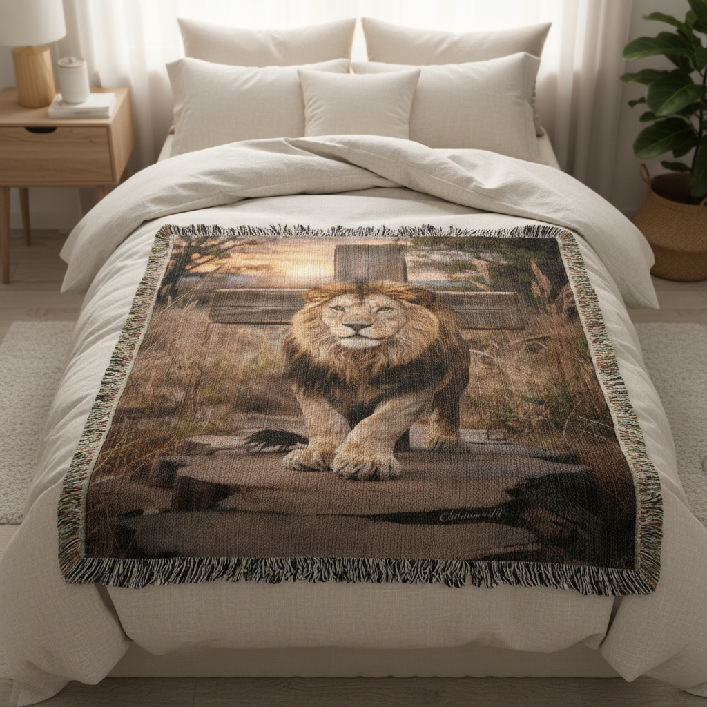 Lion-themed blanket on a bed in a bedroom setting
