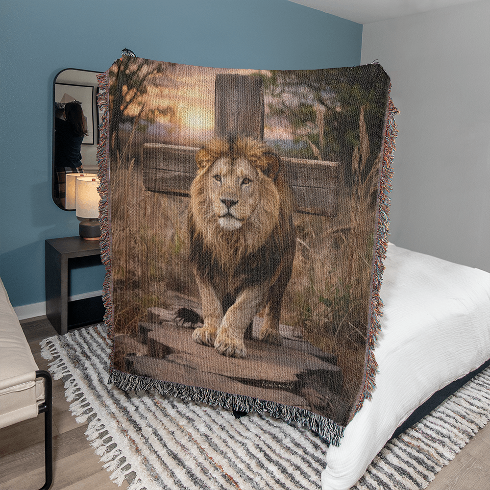 Lion of Judah and Cross Christian Heirloom Woven Blanket, Tapestry Throw Christian Blanket