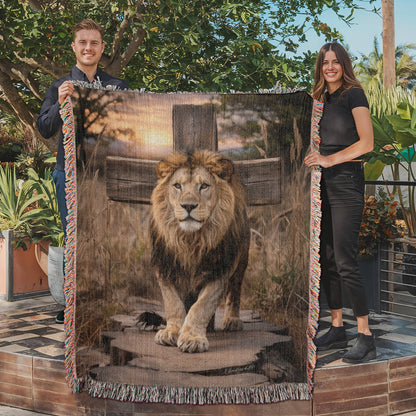 Lion of Judah and Cross Christian Heirloom Woven Blanket, Tapestry Throw Christian Blanket