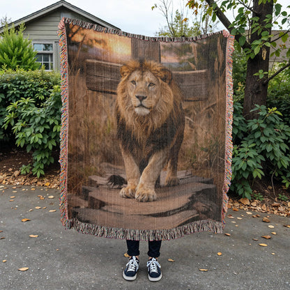 Lion of Judah and Cross Christian Heirloom Woven Blanket, Tapestry Throw Christian Blanket