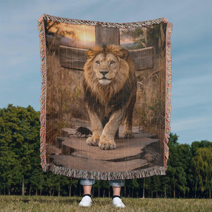 Lion of Judah and Cross Christian Heirloom Woven Blanket, Tapestry Throw Christian Blanket