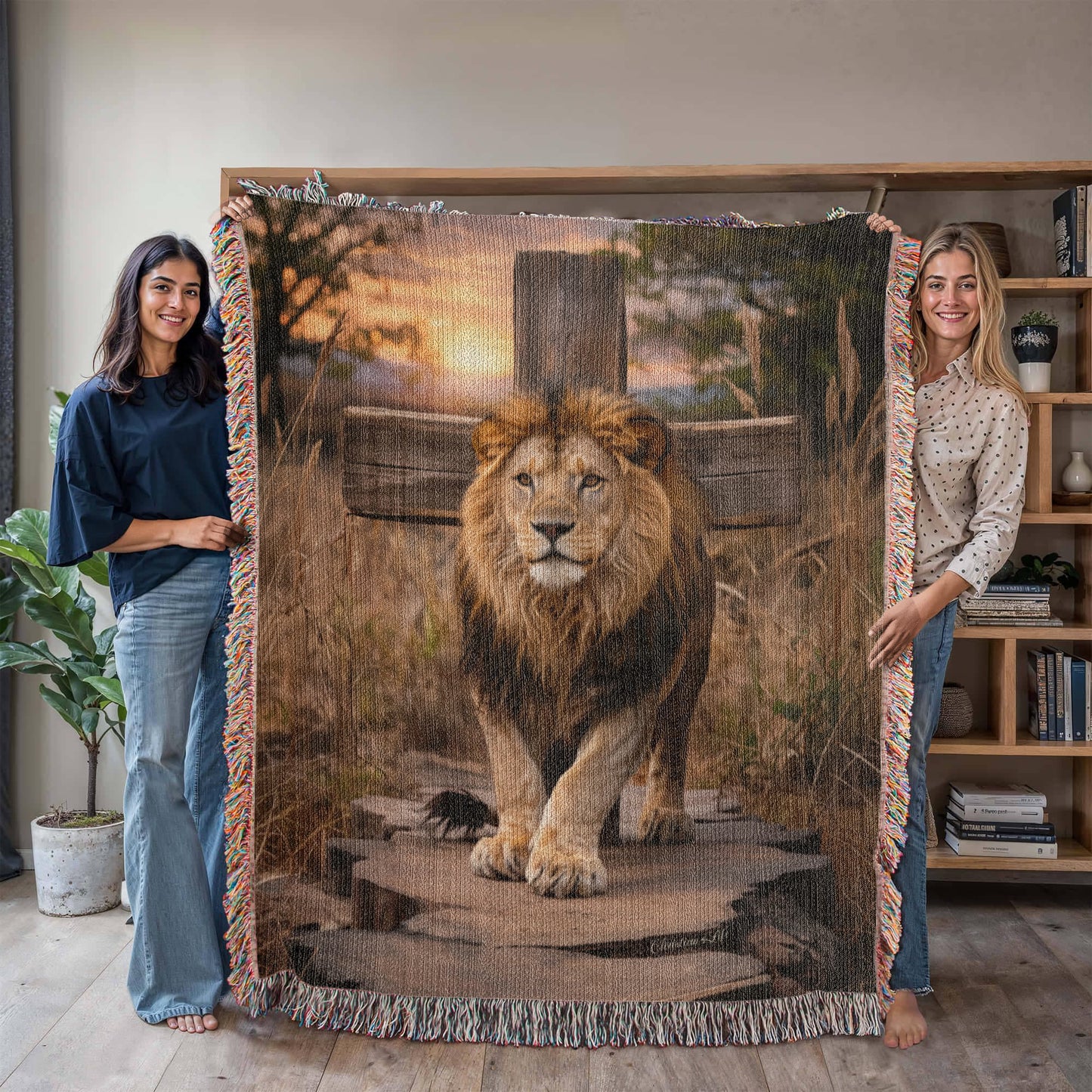 Lion of Judah and Cross Christian Heirloom Woven Blanket, Tapestry Throw Christian Blanket