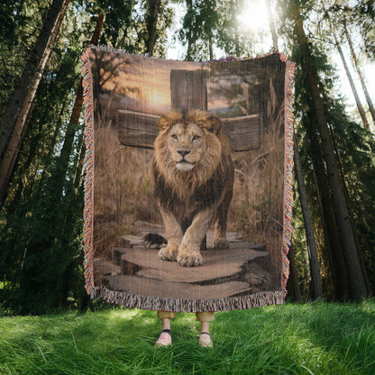 Lion of Judah and Cross Christian Heirloom Woven Blanket, Tapestry Throw Christian Blanket