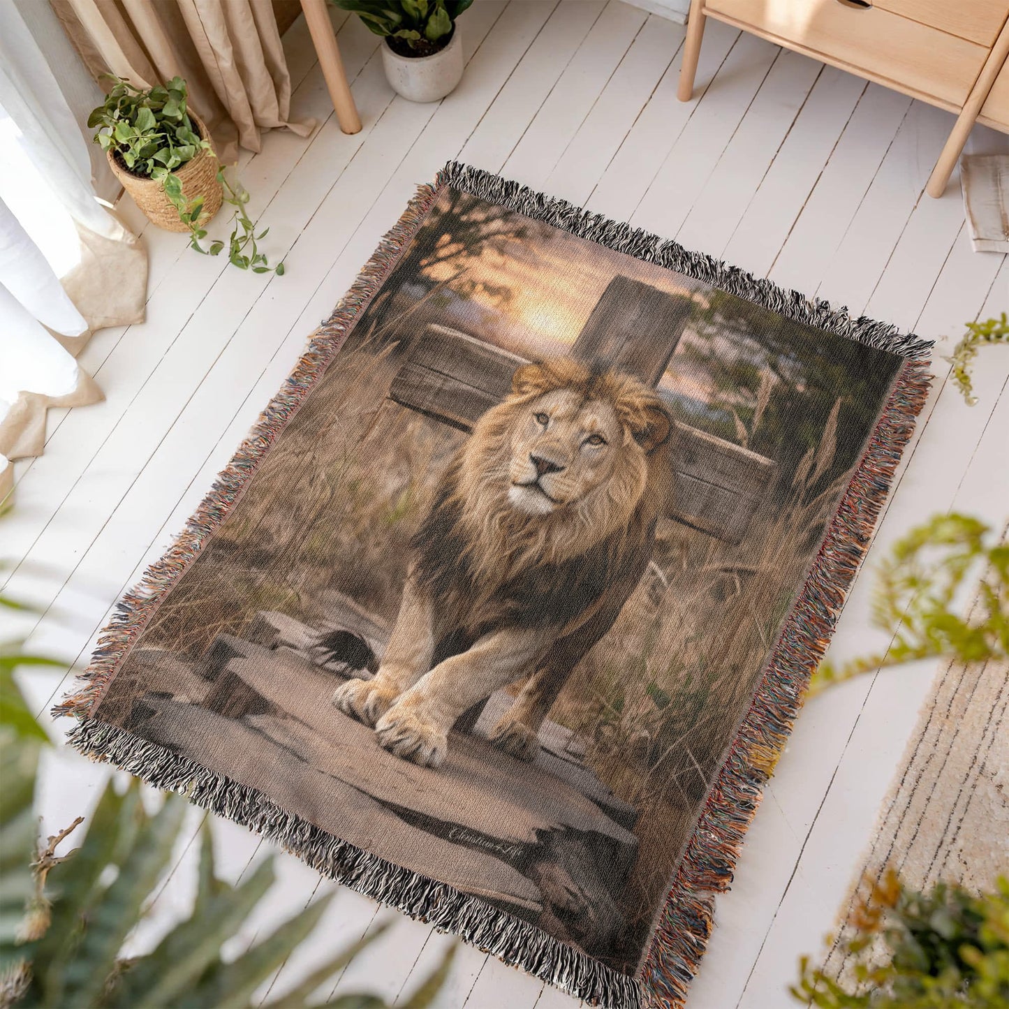 Lion of Judah and Cross Christian Heirloom Woven Blanket, Tapestry Throw Christian Blanket