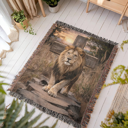 Lion of Judah and Cross Christian Heirloom Woven Blanket, Tapestry Throw Christian Blanket