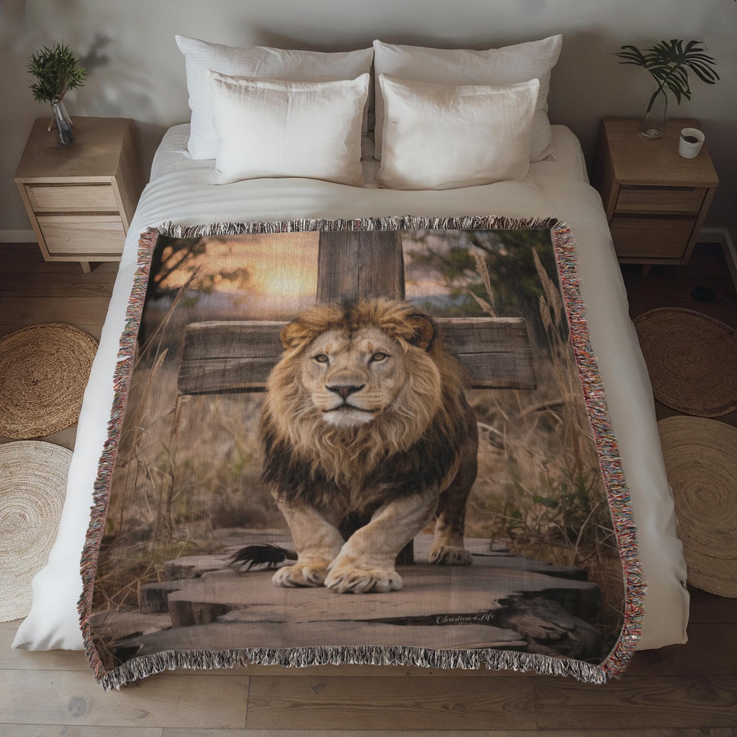 Lion of Judah and Cross Christian Heirloom Woven Blanket, Tapestry Throw Christian Blanket