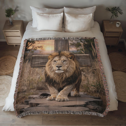 Lion of Judah and Cross Christian Heirloom Woven Blanket, Tapestry Throw Christian Blanket