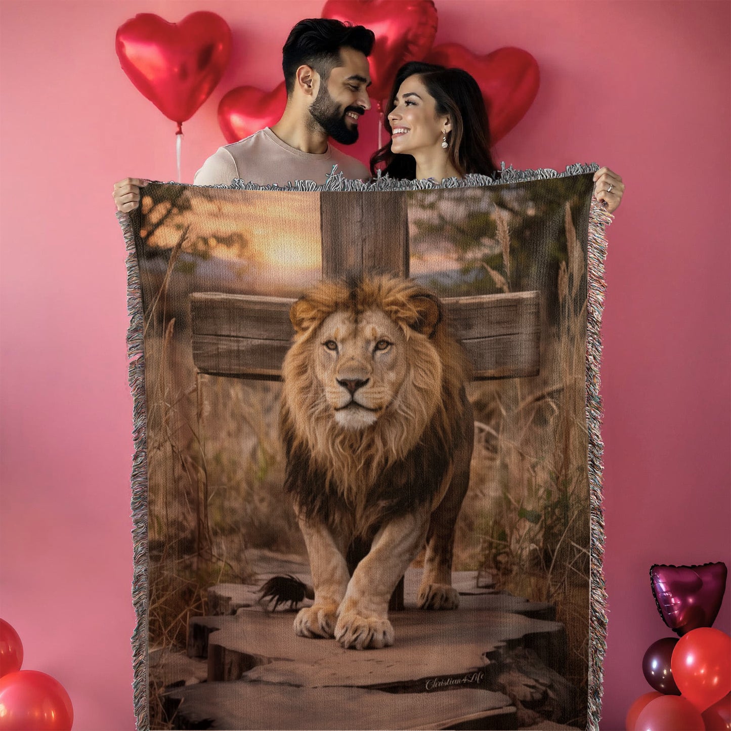 Lion of Judah and Cross Christian Heirloom Woven Blanket, Tapestry Throw Christian Blanket