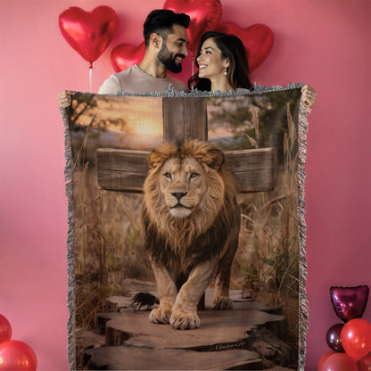 Lion of Judah and Cross Christian Heirloom Woven Blanket, Tapestry Throw Christian Blanket