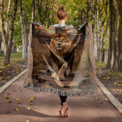 Lion of Judah and Cross Christian Heirloom Woven Blanket, Tapestry Throw Christian Blanket