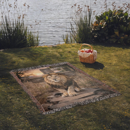 Lion of Judah and Cross Christian Heirloom Woven Blanket, Tapestry Throw Christian Blanket