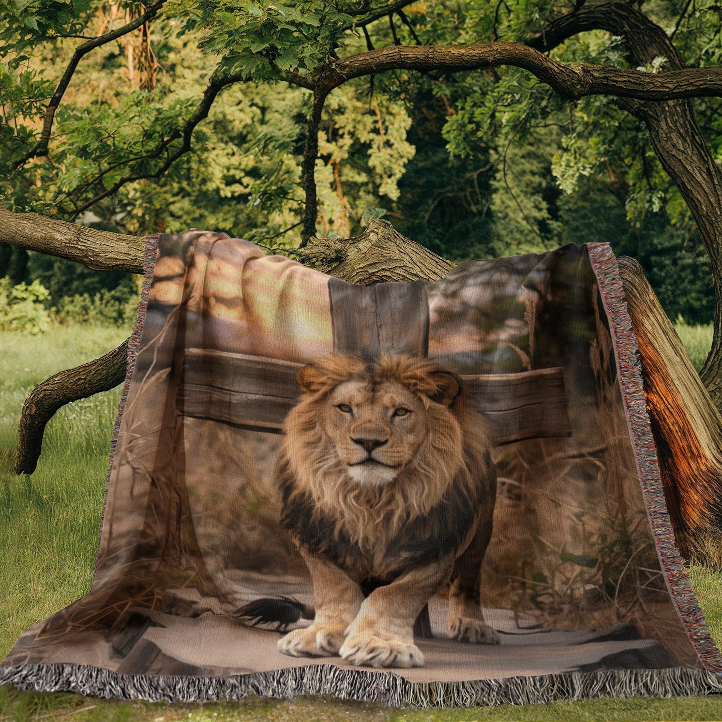 Lion of Judah and Cross Christian Heirloom Woven Blanket, Tapestry Throw Christian Blanket
