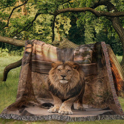 Lion of Judah and Cross Christian Heirloom Woven Blanket, Tapestry Throw Christian Blanket