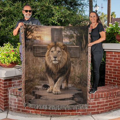 Lion of Judah and Cross Christian Heirloom Woven Blanket, Tapestry Throw Christian Blanket