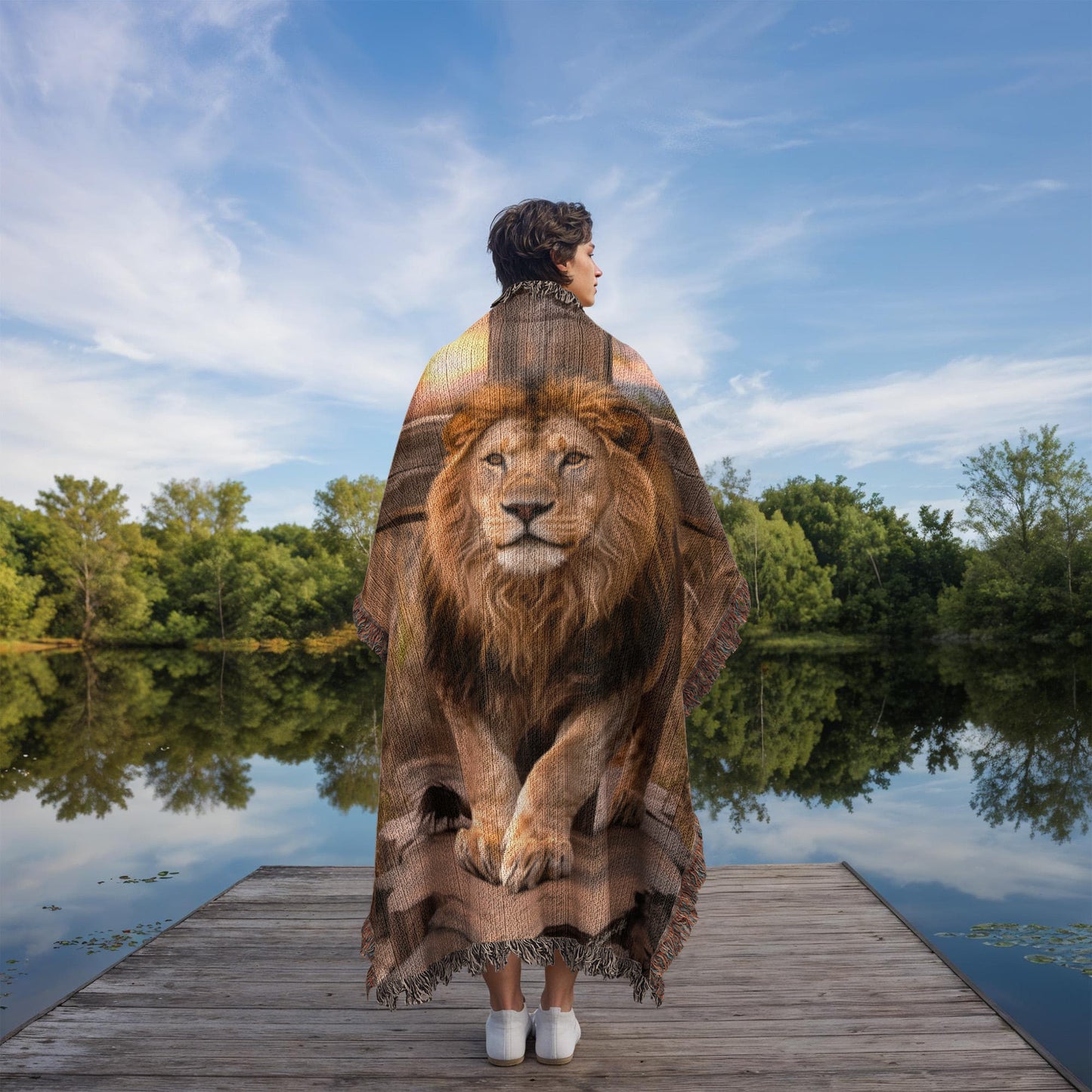 Lion of Judah and Cross Christian Heirloom Woven Blanket, Tapestry Throw Christian Blanket