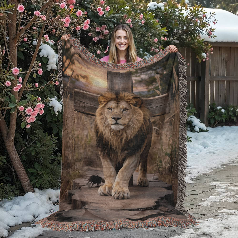Lion of Judah and Cross Christian Heirloom Woven Blanket, Tapestry Throw Christian Blanket