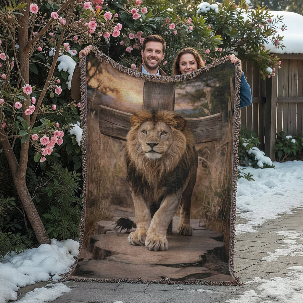 Two people holding a blanket with a lion design outdoors in winter.