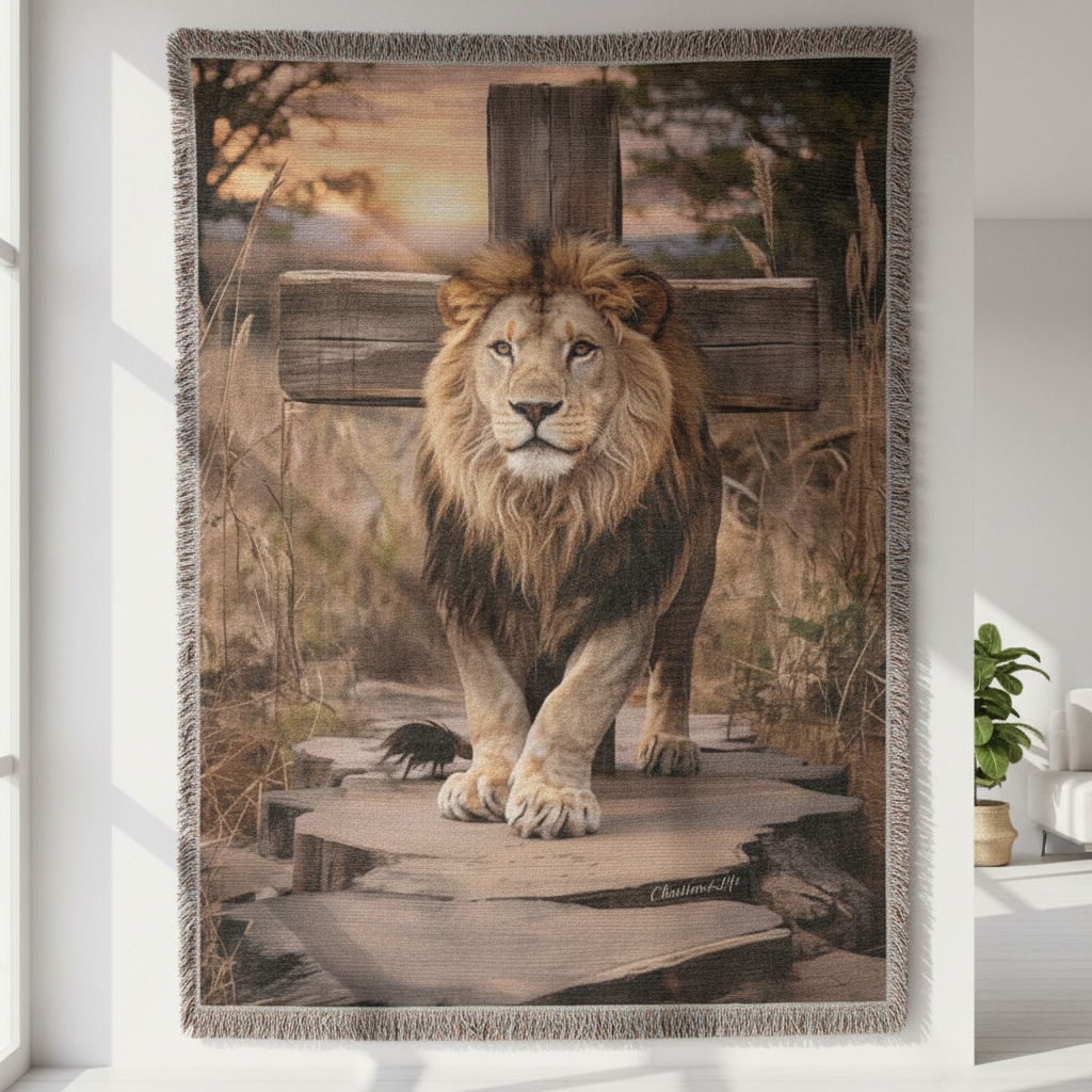 Lion on a stone platform with a scenic background, displayed as a wall art piece.