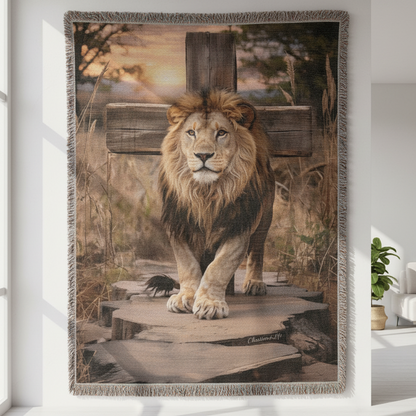 Lion on a stone platform with a scenic background, displayed as a wall art piece.