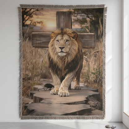 Woven blanket with a lion design on a wall