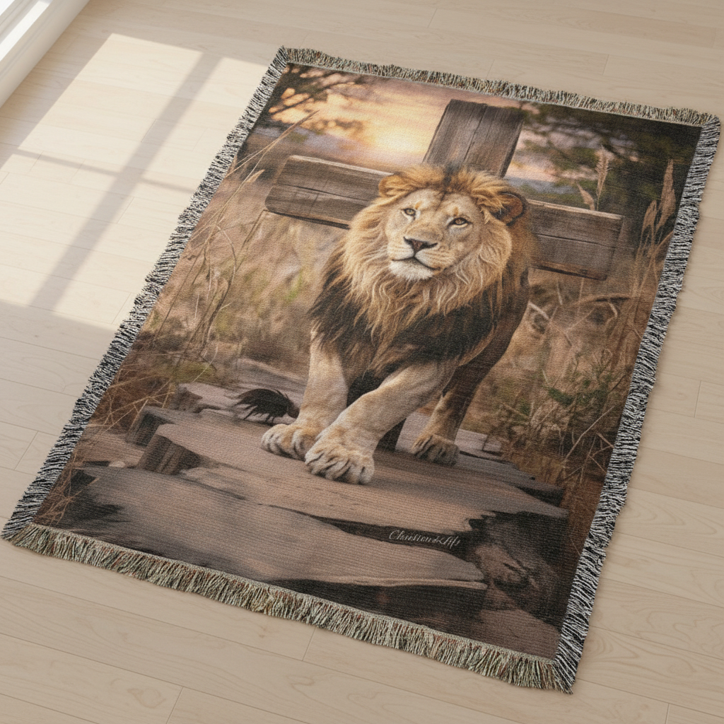 Blanket with a lion design on a wooden floor