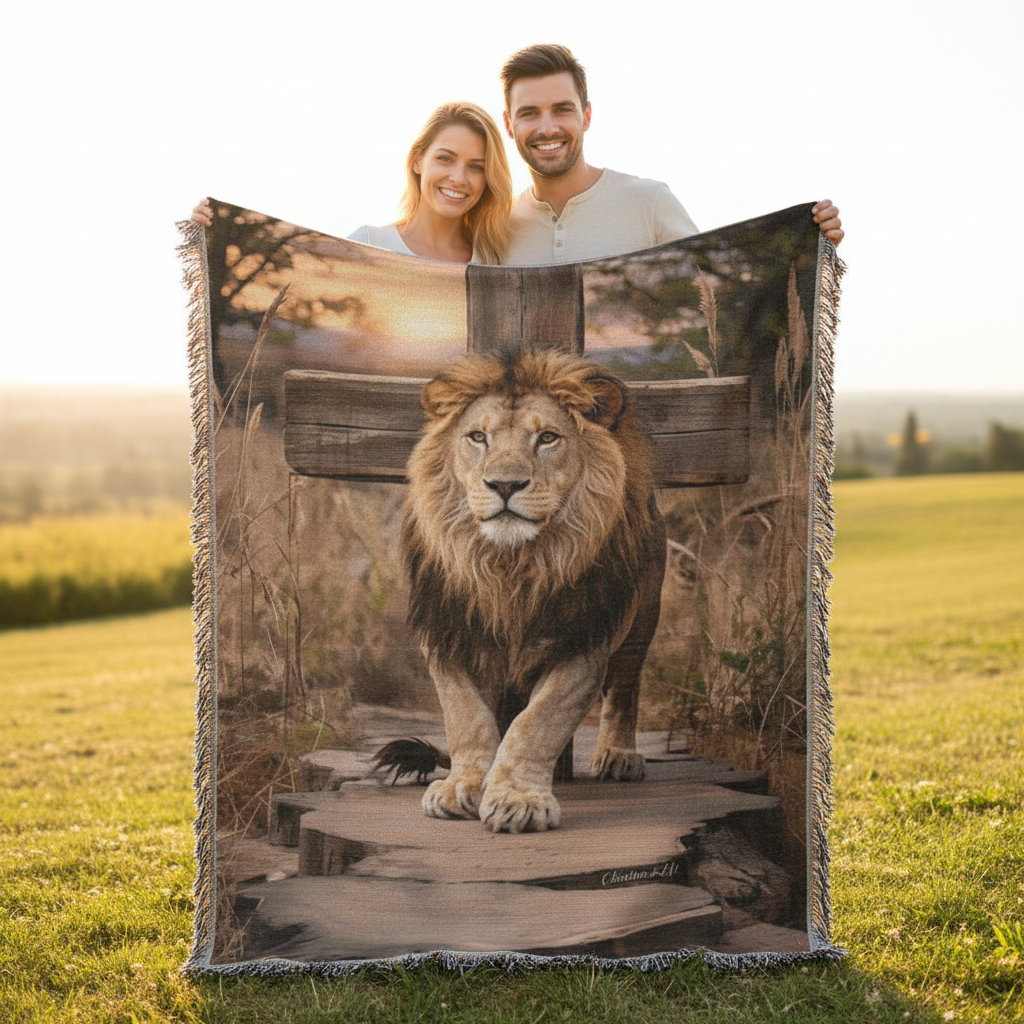 Couple holding a blanket with a lion design outdoors