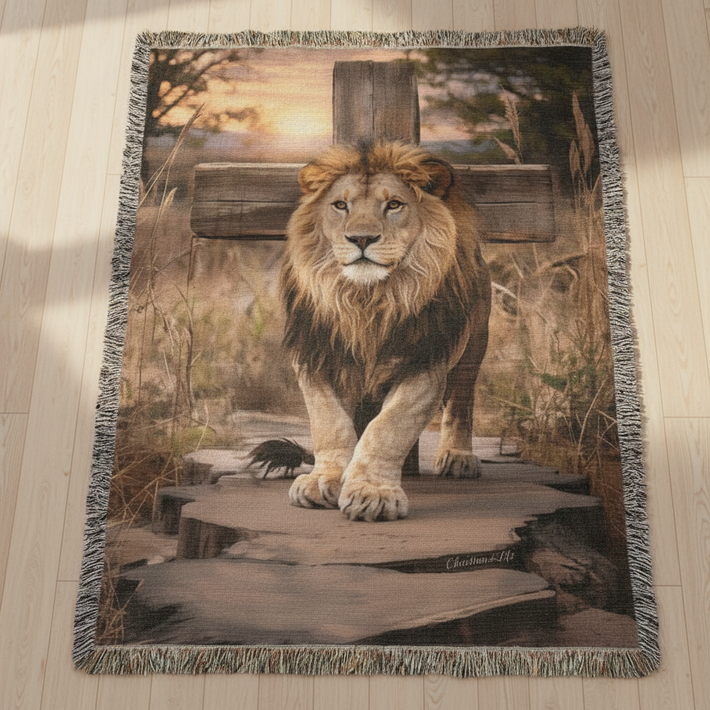 Blanket with a lion design on a wooden floor