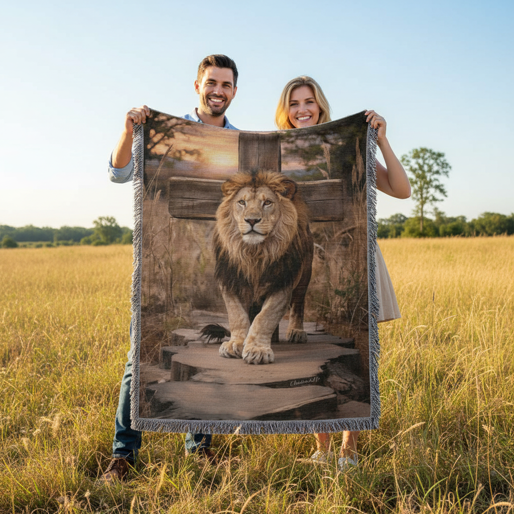 Two people holding a blanket with a lion design in a field