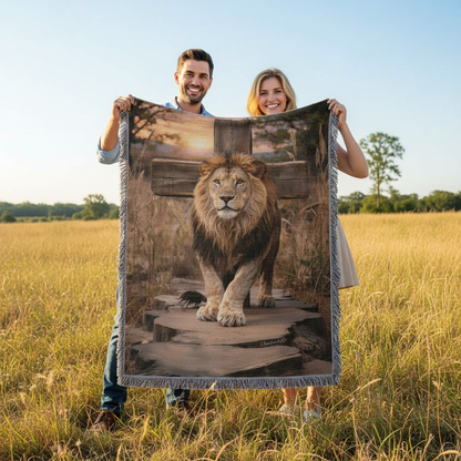 Two people holding a blanket with a lion design in a field
