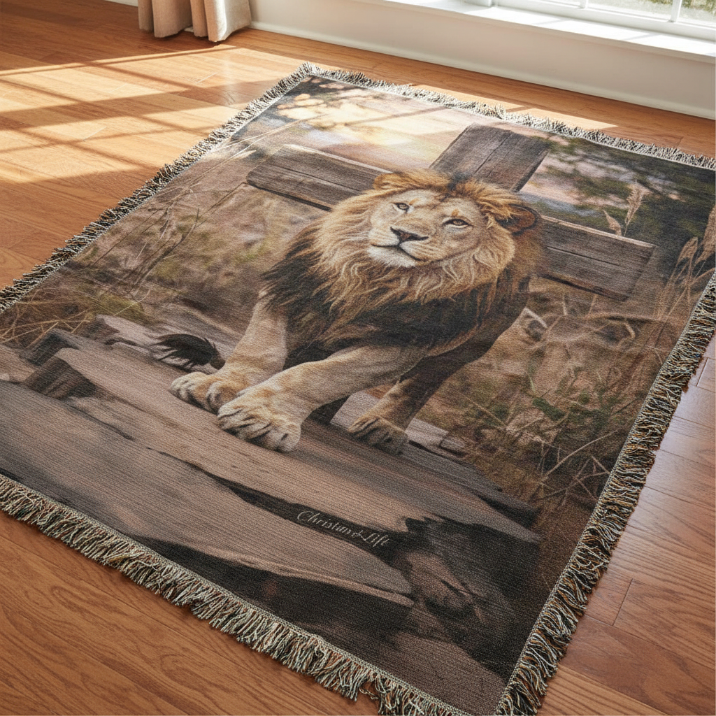 Lion-themed blanket on a wooden floor