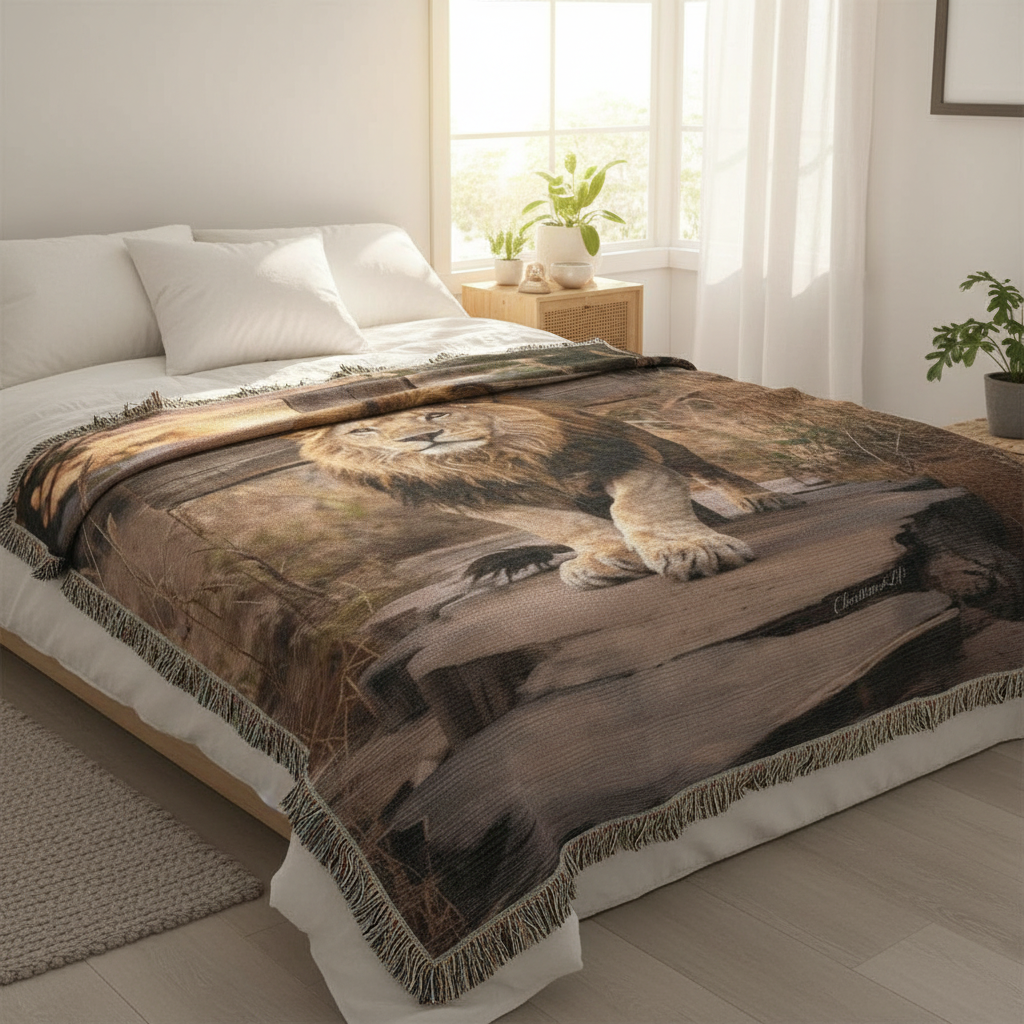 Bed with a lion-themed blanket in a bedroom setting
