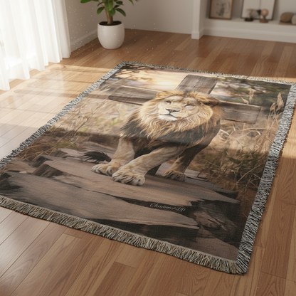 Rug with a lion design on a wooden floor