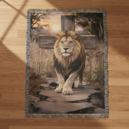Blanket with a lion design on a wooden surface