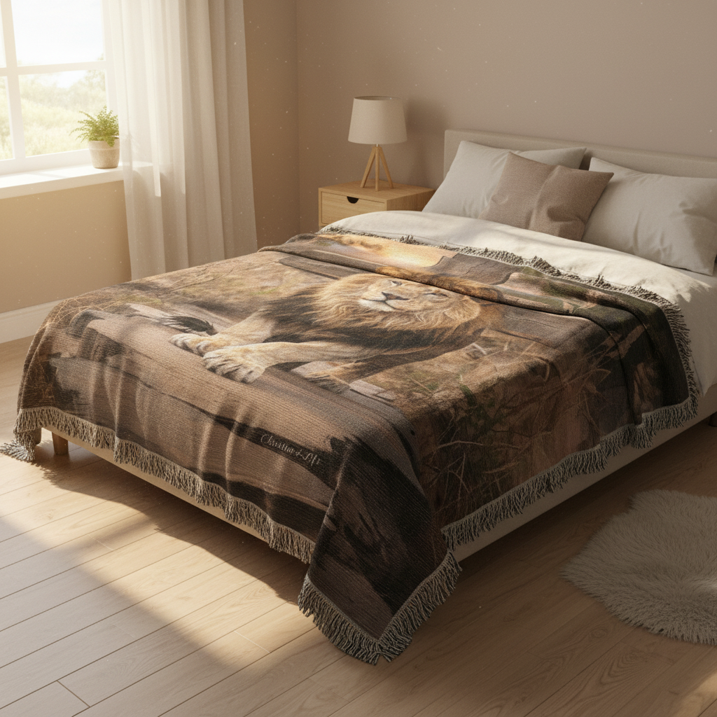 Bedroom with a bed covered by a lion-themed blanket