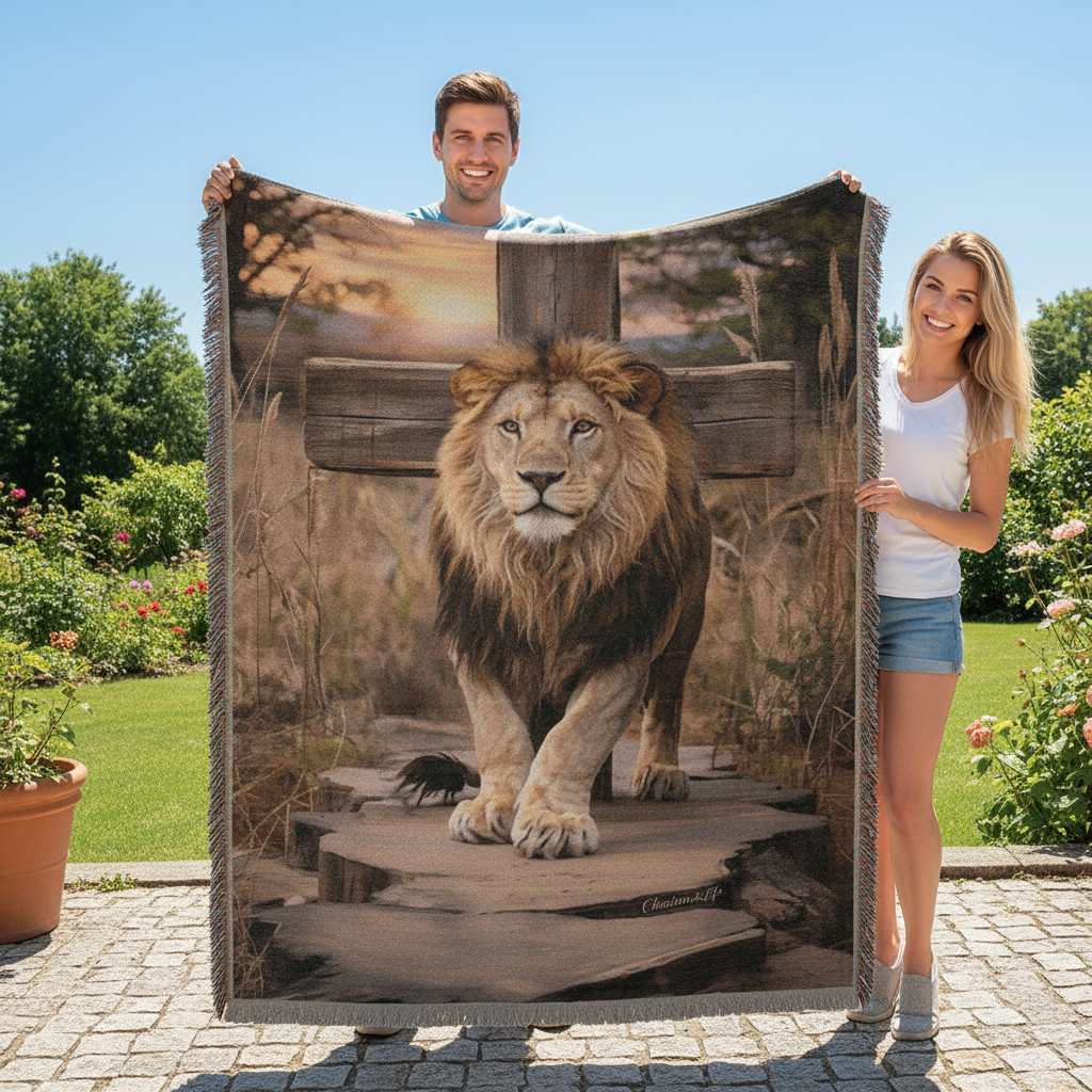 Two people holding a blanket with a lion design outdoors.