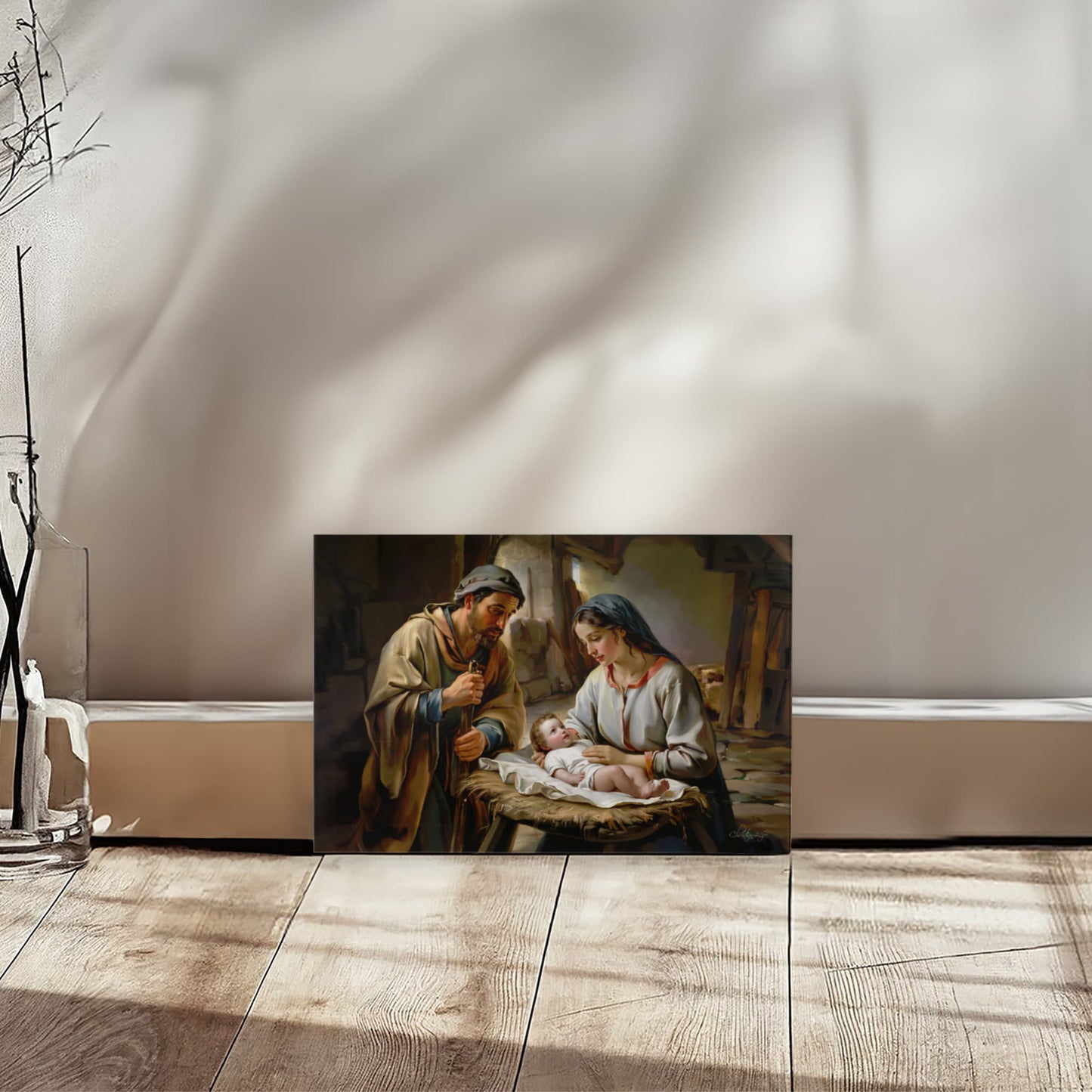 The Nativity scene of Baby Jesus, Mary and Joseph in a stable - Christian Art Canvas