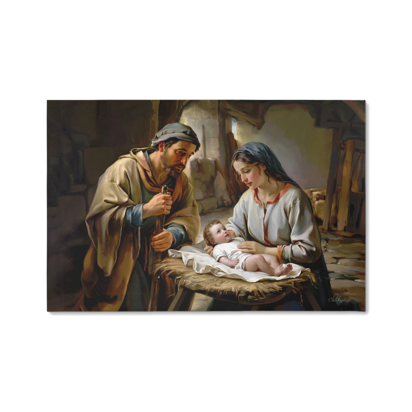 The Nativity scene of Baby Jesus, Mary and Joseph in a stable - Christian Art Canvas