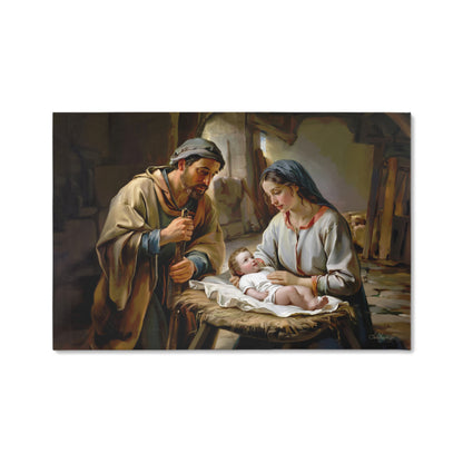The Nativity scene of Baby Jesus, Mary and Joseph in a stable - Christian Art Canvas