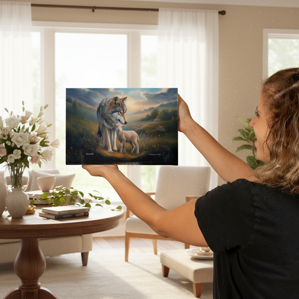 Wolf and Lamb Reflection, Christian Wall Art, Gallery Wrapped Canvas, Isaiah 11:6