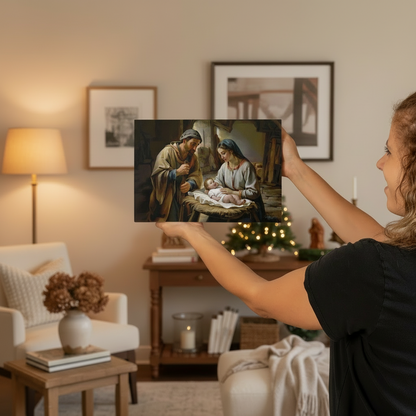 Person holding a framed artwork of a nativity scene in a living room.