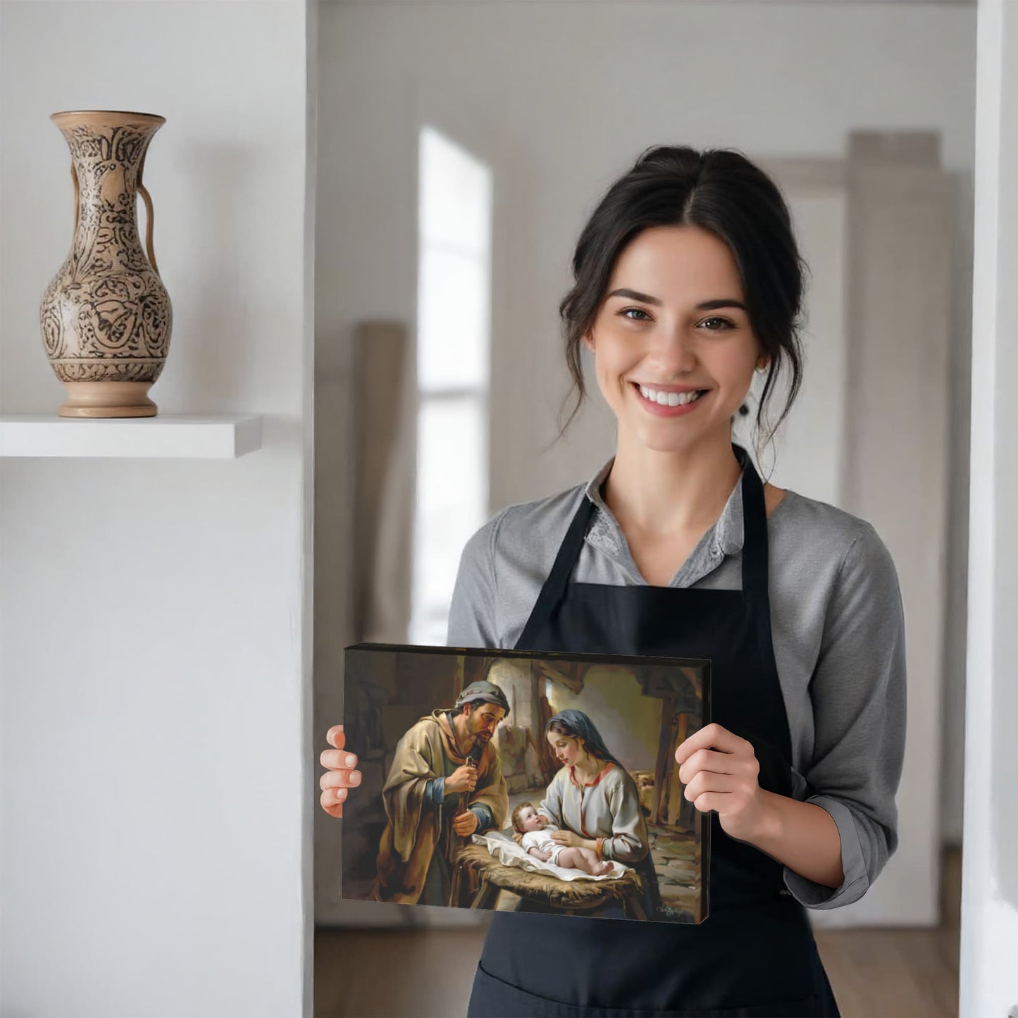 The Nativity scene of Baby Jesus, Mary and Joseph in a stable - Christian Art Canvas