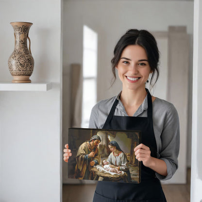 The Nativity scene of Baby Jesus, Mary and Joseph in a stable - Christian Art Canvas