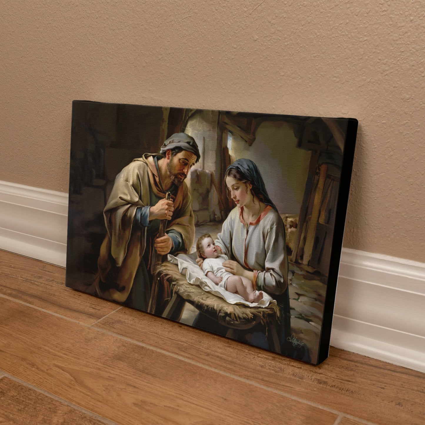 The Nativity scene of Baby Jesus, Mary and Joseph in a stable - Christian Art Canvas