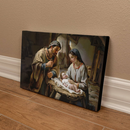 The Nativity scene of Baby Jesus, Mary and Joseph in a stable - Christian Art Canvas