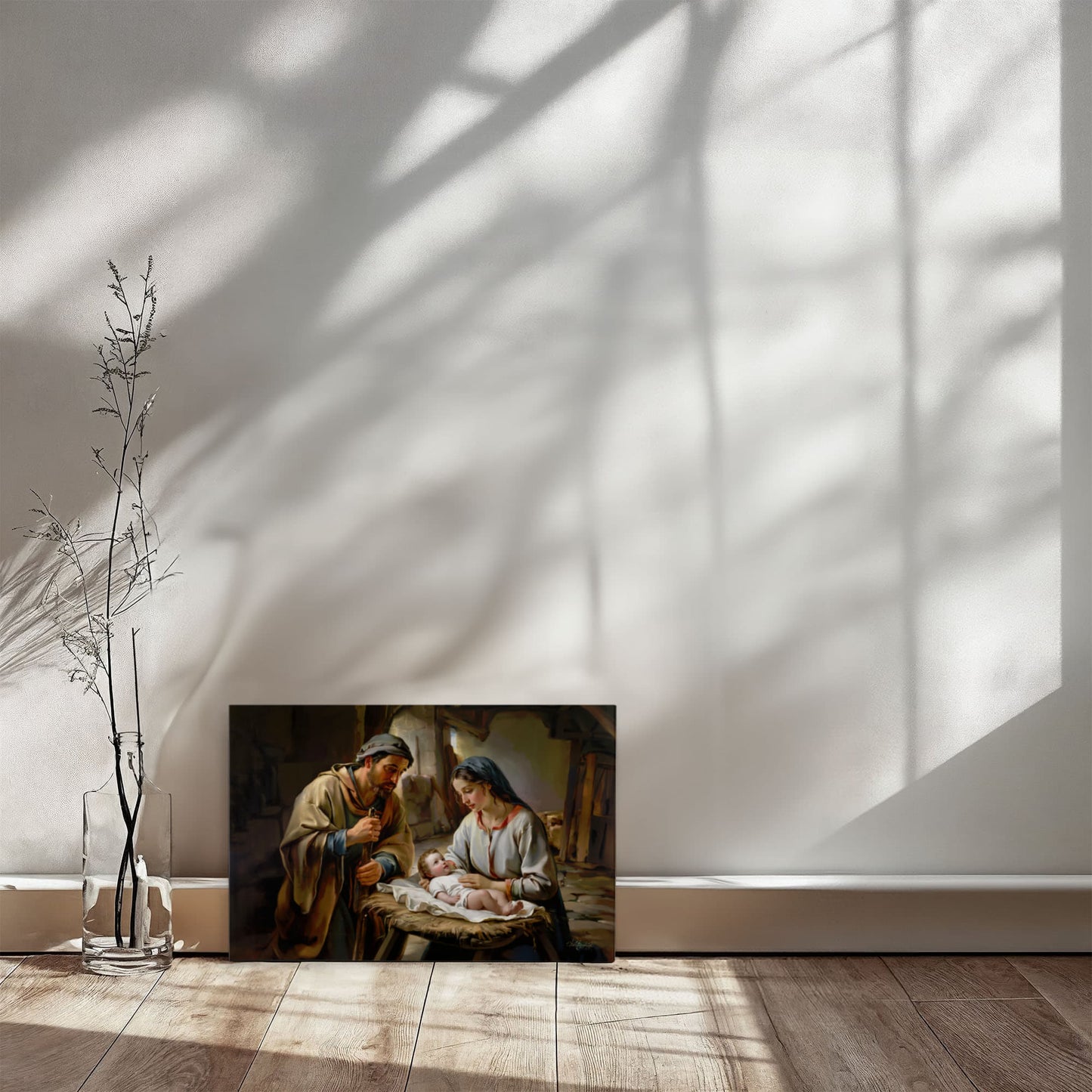The Nativity scene of Baby Jesus, Mary and Joseph in a stable - Christian Art Canvas
